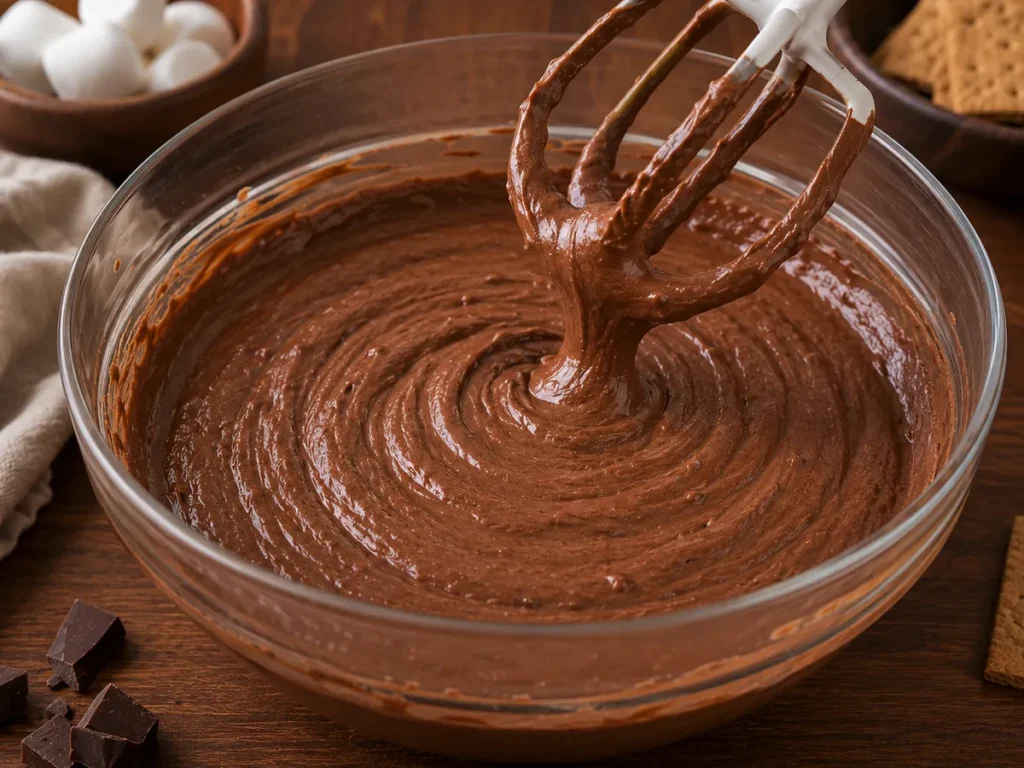 Thick chocolate cheesecake mixture clinging to a mixer beater above a glass bowl