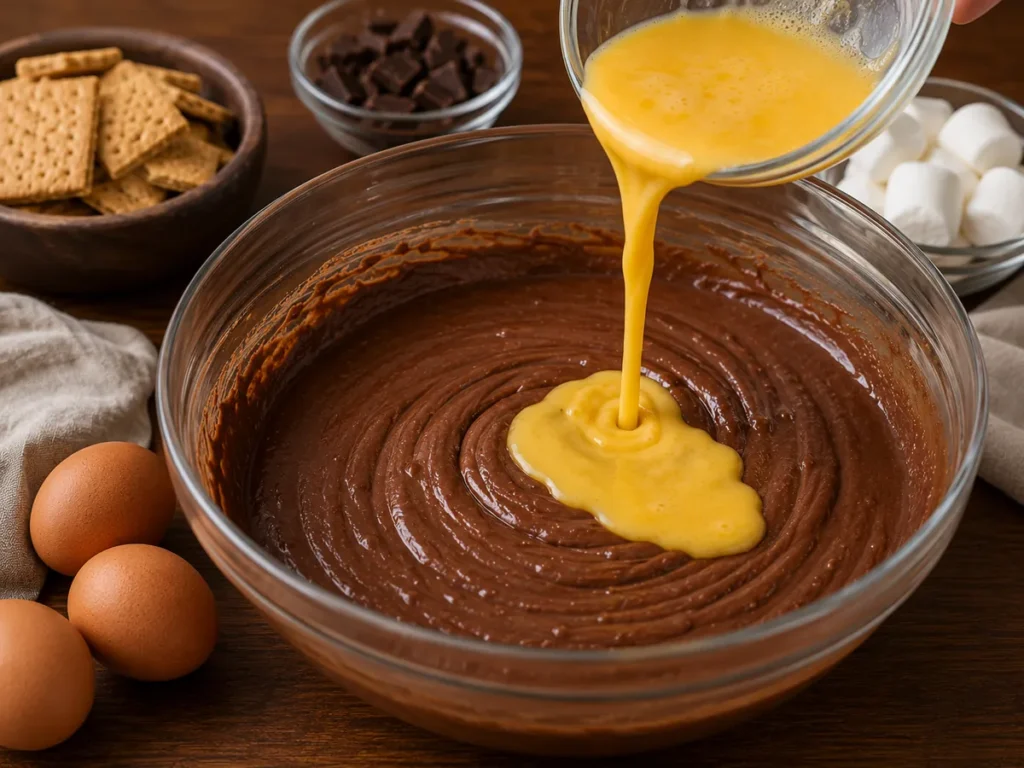 Lightly beaten eggs pouring into the chocolate cheesecake mixture