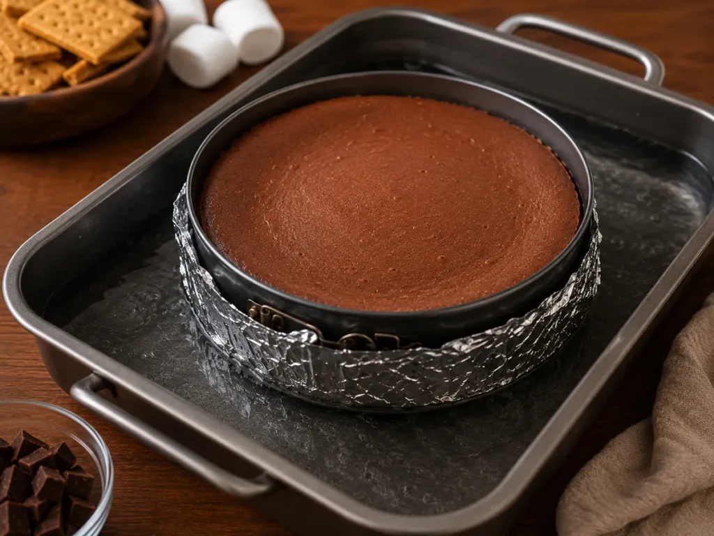 Chocolate cheesecake baking in a foil-wrapped springform pan inside a hot water bath