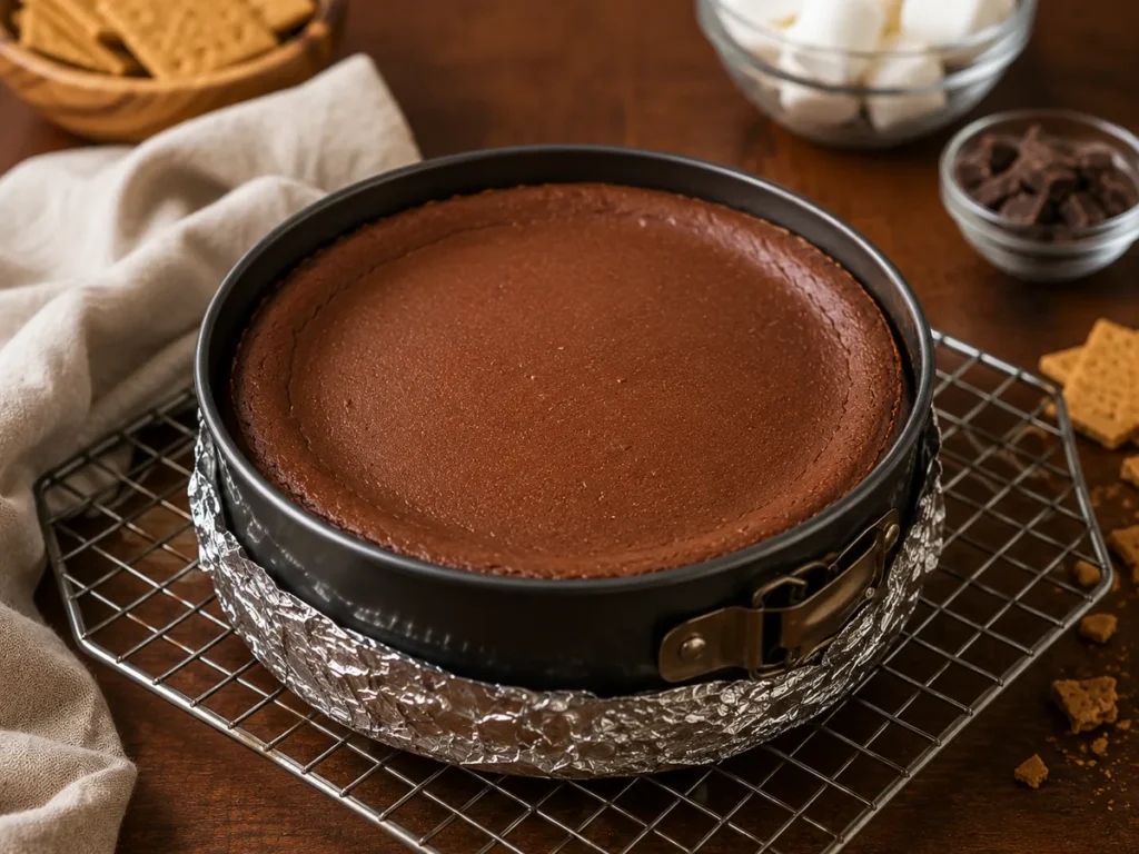 Baked chocolate cheesecake cooling in its springform pan on a wire rack