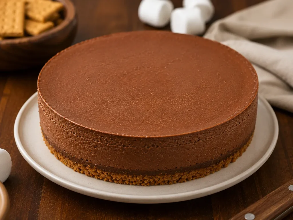 Unmolded chocolate cheesecake fully chilled with a smooth set surface and graham crust