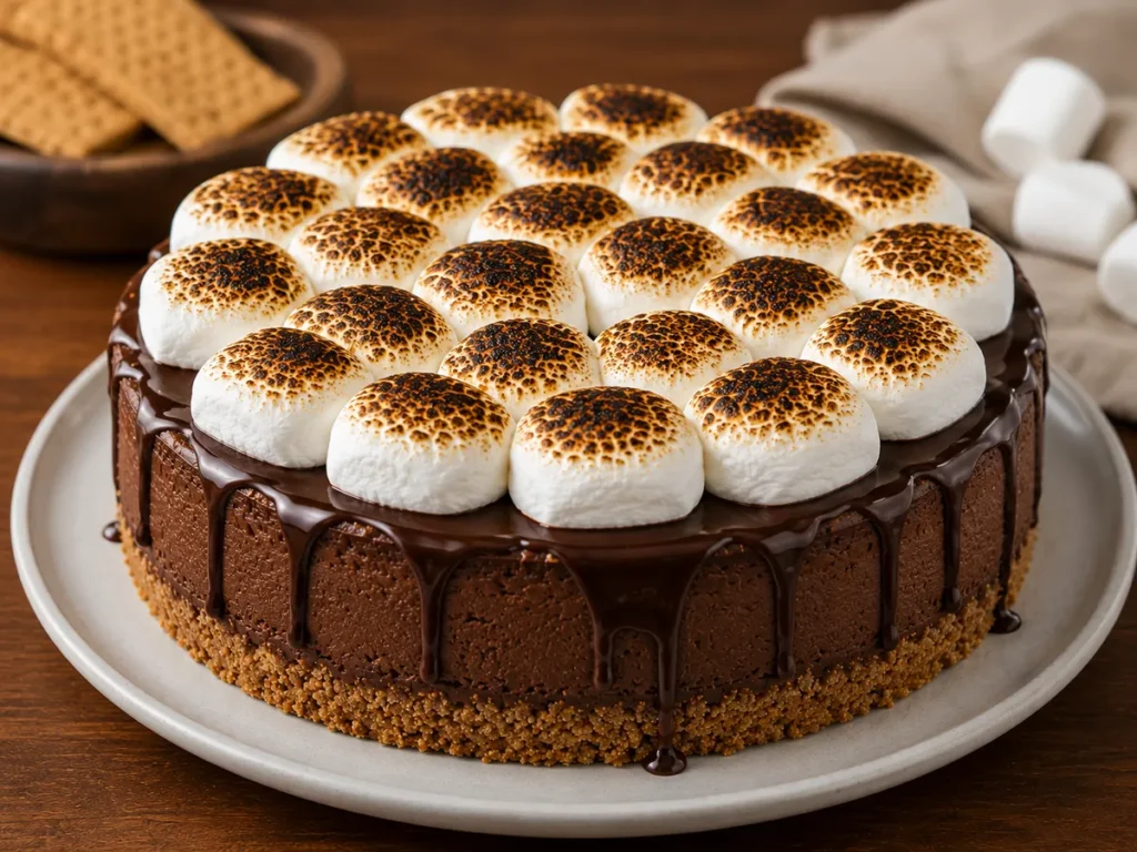Chocolate cheesecake covered with glossy ganache and evenly toasted marshmallow halves