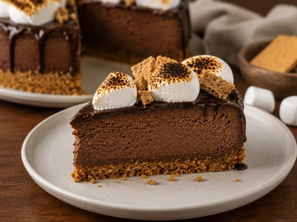 Slice of chocolate cheesecake with toasted marshmallows, ganache, and graham cracker garnish