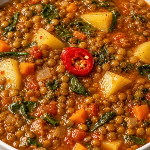 Mediterranean lentil soup with potatoes, carrots, spinach, and tomatoes