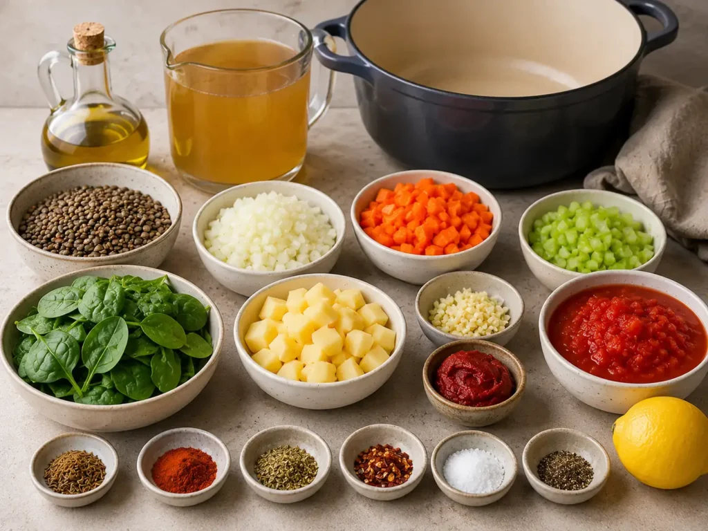 Ingredients for Mediterranean lentil soup arranged before cooking