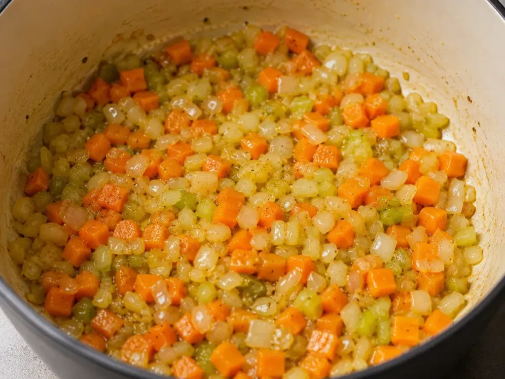 Diced onion, carrots, and celery softened in olive oil