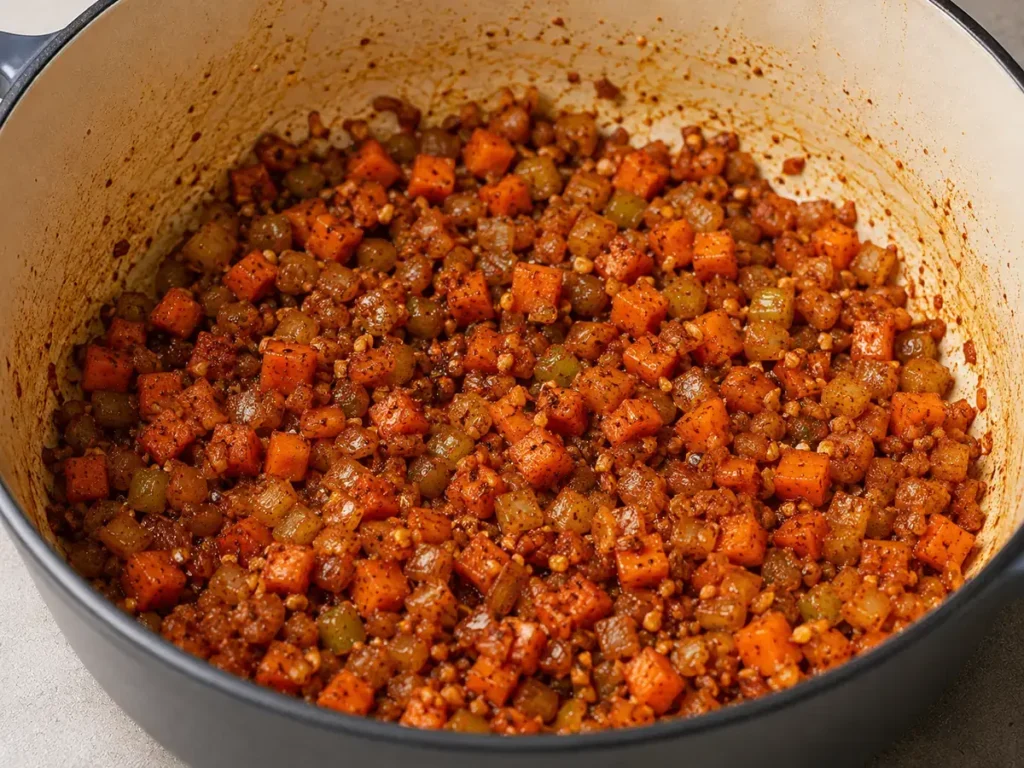Tomato paste, garlic, and spices coating softened vegetables in a Dutch oven