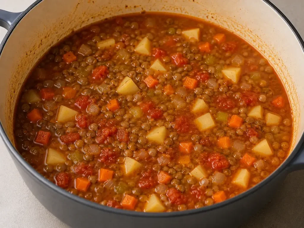 Lentils, potatoes, tomatoes, and broth combined at the start of simmering