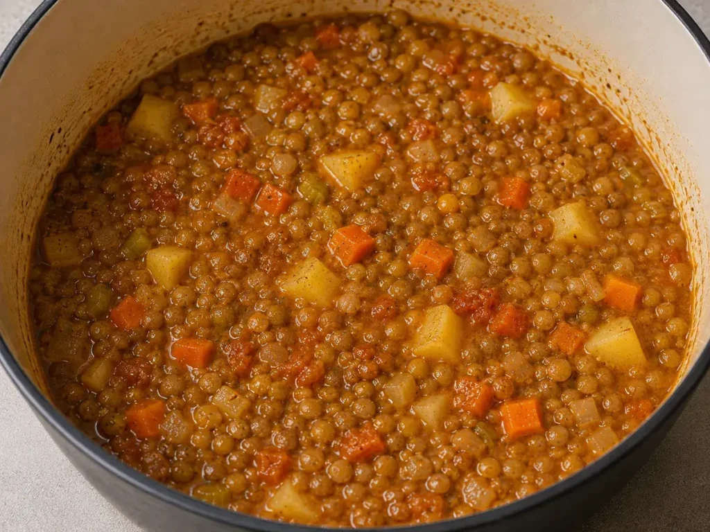 Lentils and potatoes simmered until tender in thickened tomato broth