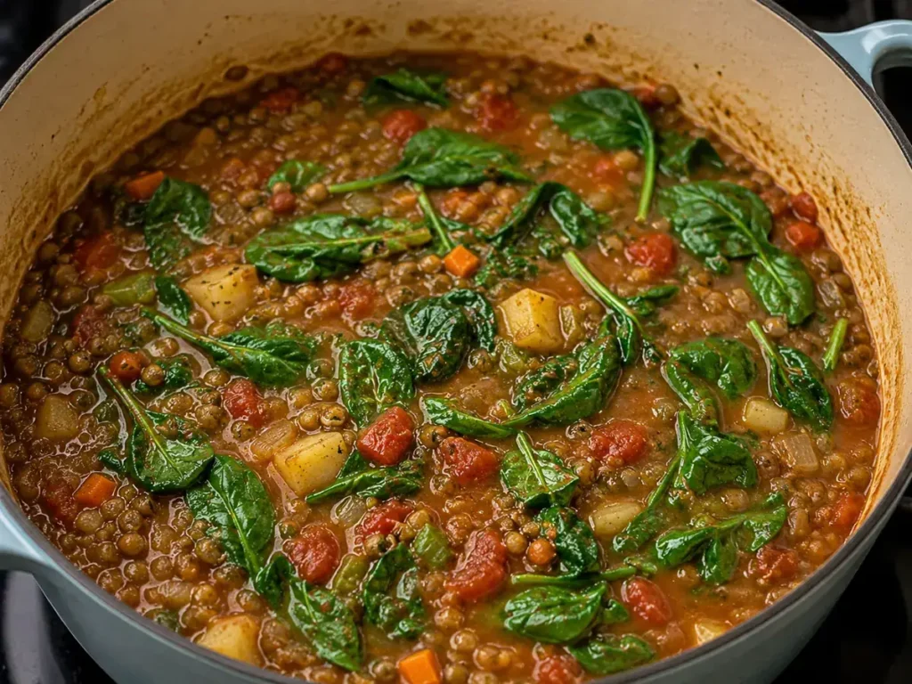 Fresh spinach wilting into cooked lentil soup