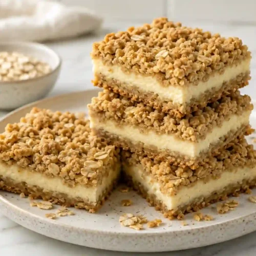 Oatmeal cream cheese bars with buttery oat crumble and a creamy center