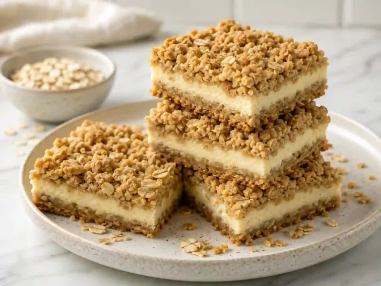 Oatmeal cream cheese bars with buttery oat crumble and a creamy center