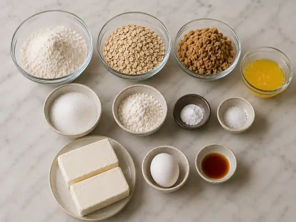 Flour, rolled oats, brown sugar, butter, cream cheese, sugar, egg, vanilla, baking soda and salt