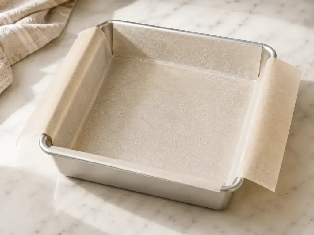 An 8-inch square metal baking pan lined with parchment paper