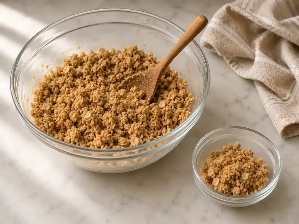 Damp oat crumble in a glass bowl with a portion reserved for topping