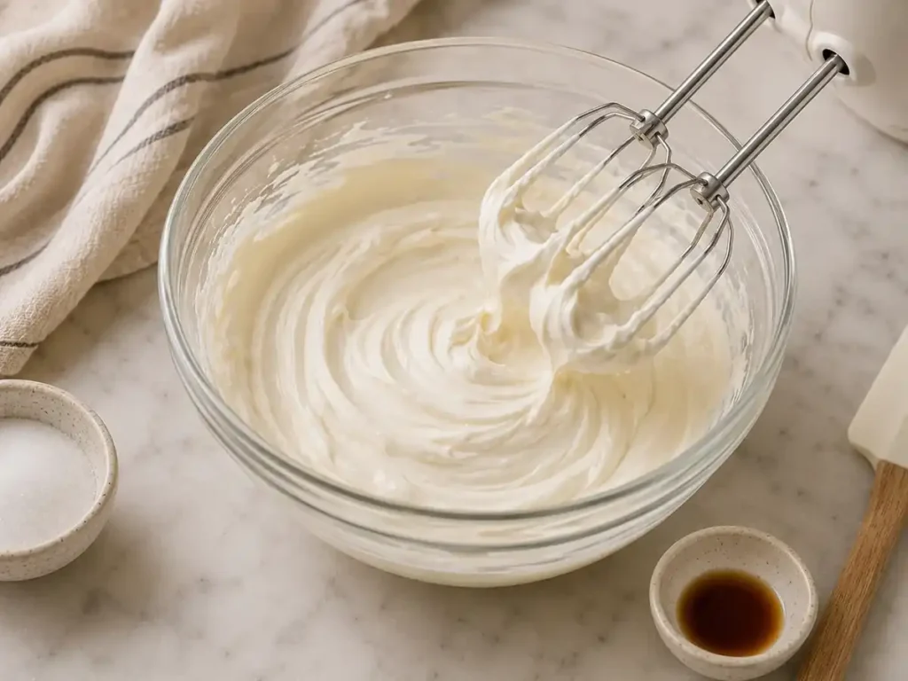 Smooth cream cheese filling in a glass bowl with mixer beaters lifted