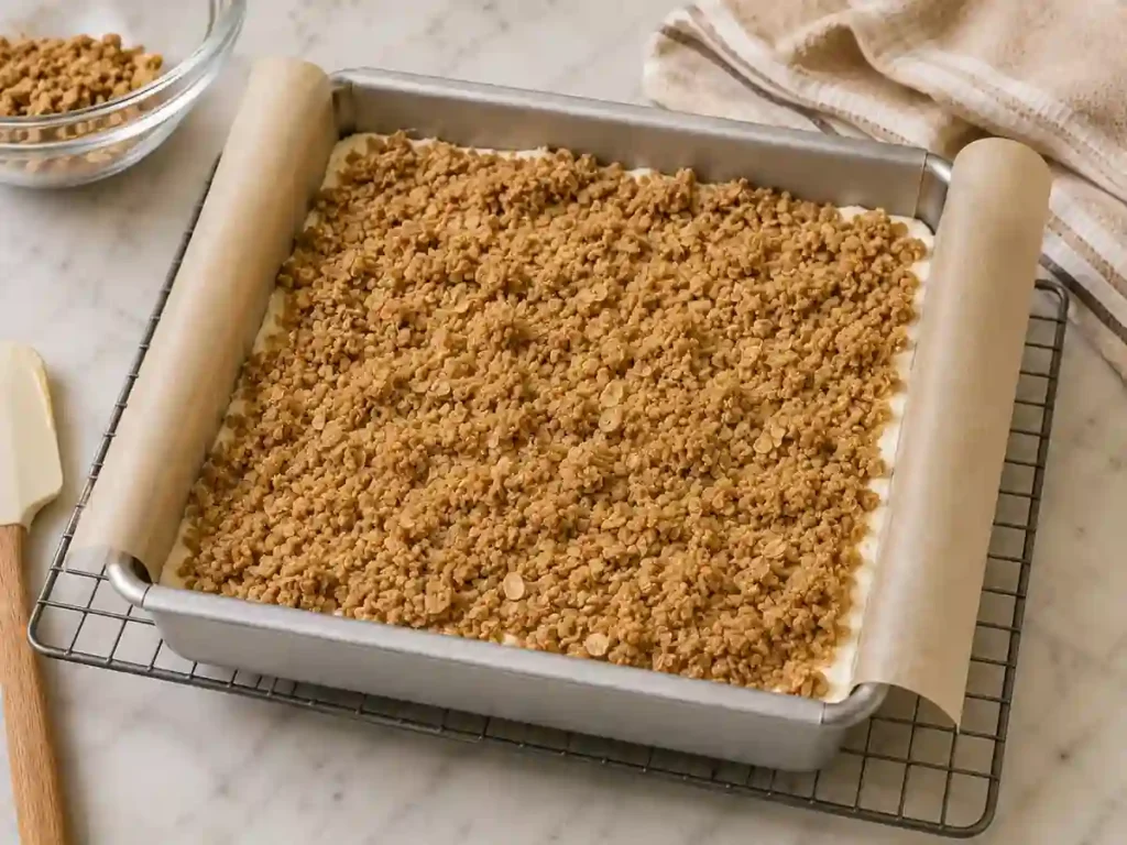 Cream cheese filling covered evenly with unbaked oat crumble in the pan