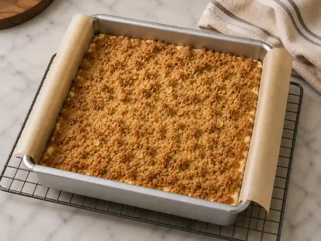 Baked oatmeal cream cheese bars with lightly golden crumble still in the pan
