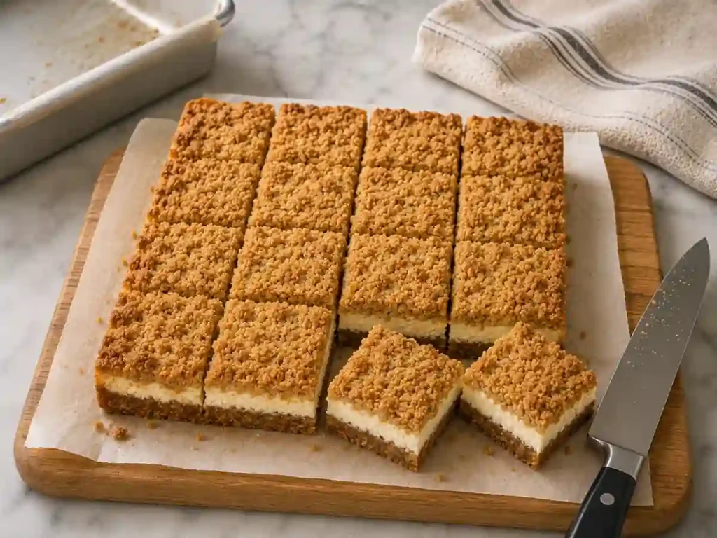 Chilled oatmeal cream cheese bars cut into sixteen squares on parchment